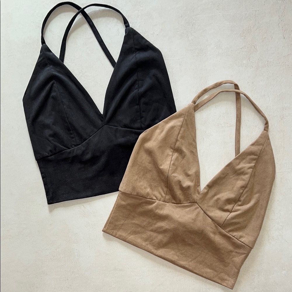 ANGL S Black Tan Camel Strappy Crop Top Vneck Low Back Suede Halter Racerback